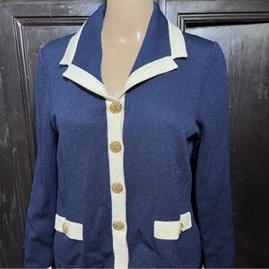 St. John - Navy and Cream Cardigan with Gold Buttons